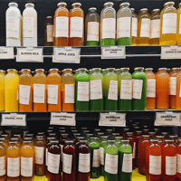 Store shelf display of various colorful juices in glass bottles 