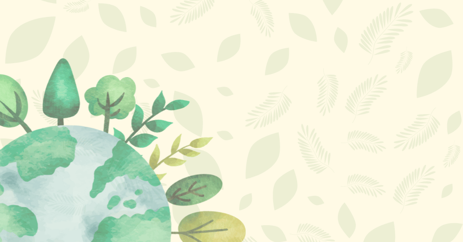 Tan background, with floating leaves, and an Earth Graphic in the corner that has some trees coming off of it