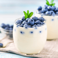 Two cups of a white yogurt with blueberries on top. More blueberries in a bowl in the background.