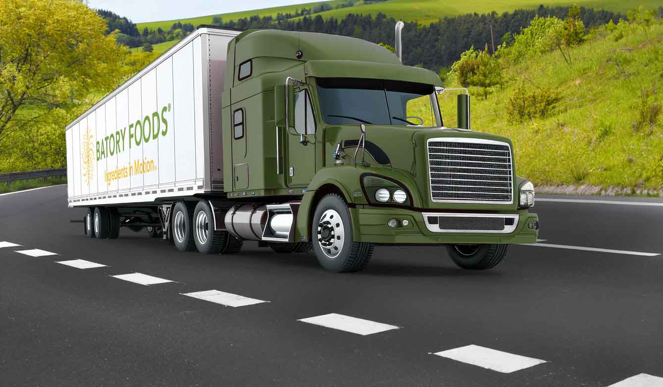 Rendering of a Batory Foods truck driving down a scenic path